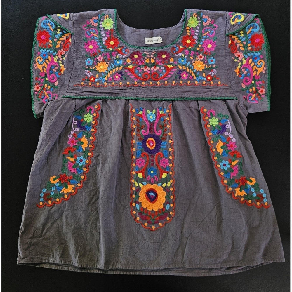 Top Womens XXL Embroidered Traditional Mexican Flowy Floral Boho Peasant Hippie